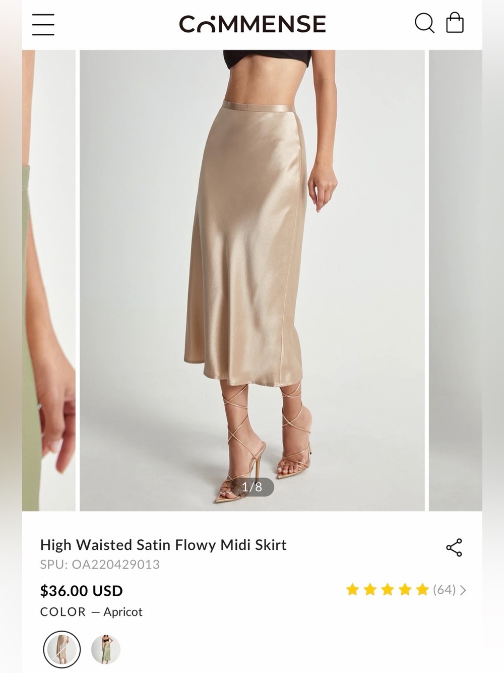 Commense Satin Midi Skirt in Apricot